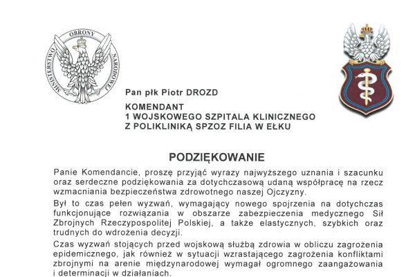 Podziękowanie dla Filii Szpitala w Ełku